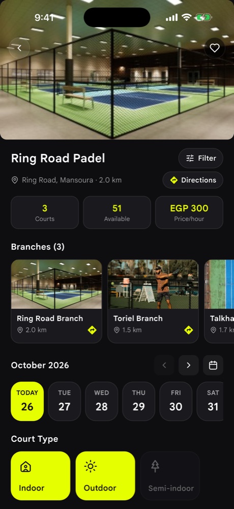 Club page with branches, dates and court types