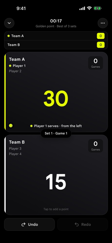 Live match scoring screen showing 30 to 15